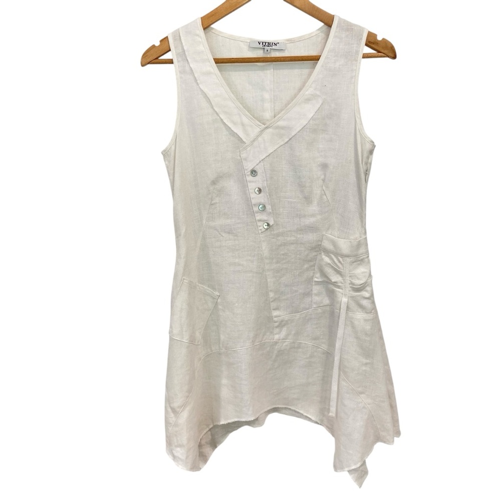 Vitrin design tunic mini dress 100%lin ecru natural white asymmetric sleeveless